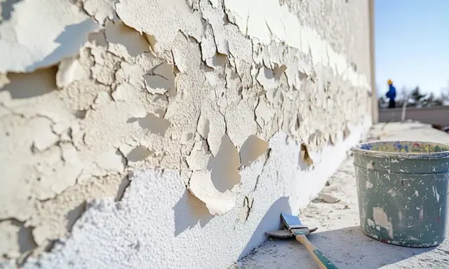 Le **enduit qui se décolle** sur un mur extérieur, prêt pour une rénovation. Un pinceau et un seau de peinture sont à proximité.