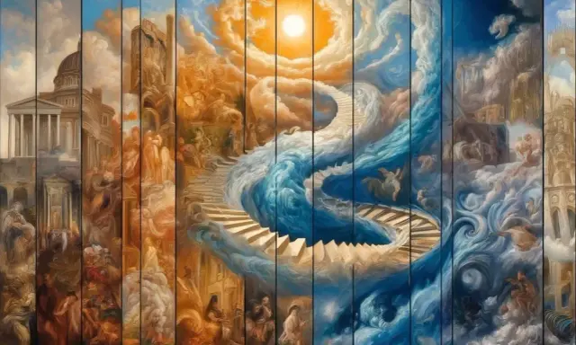 Une œuvre d'un peintre contemporain français : escalier céleste, architecture antique, figures mythologiques, ciel orageux et soleil éclatant.