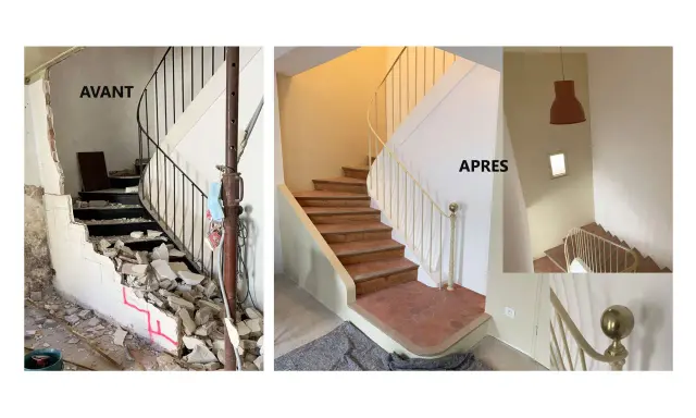 Avant/Après : un escalier art nouveau transformé, passant d'un chantier chaotique à une rénovation élégante.