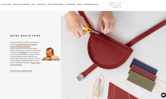 Mains expertes cousant un sac en cuir rouge, symbolisant l'artisanat de luxe et le savoir-faire traditionnel de Camille Fournet.