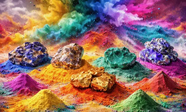 Des roches colorées reposent sur des tas de pigments organiques vibrants, évoquant un paysage de rêve.