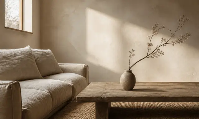 Un salon apaisant dans un style wabi sabi, avec un canapé en lin, une table basse en bois brut et une branche délicate dans un vase texturé.
