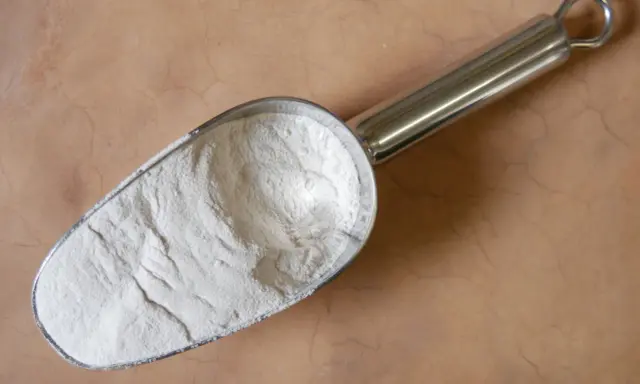 Une pelle métallique remplie de poudre blanche, peut-être de la colle gomme arabique, sur un fond texturé.