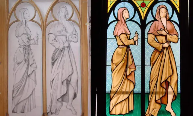 Esquisse d'un vitrail simple montrant deux femmes en robe, l'une tenant une bougie. Le vitrail coloré final est à droite.
