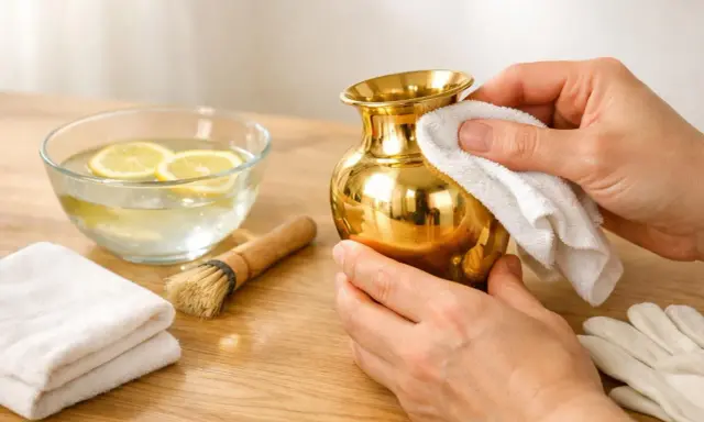 Nettoyer métal doré oxydé avec une solution de citron et de l'eau. Un petit vase brille après le nettoyage.