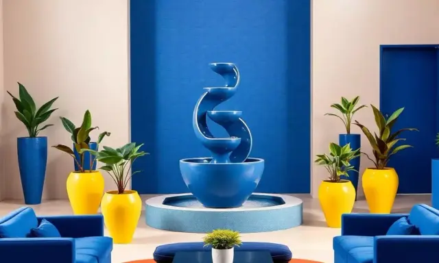 Fontaine bleue majorelle Marrakech, entourée de plantes vertes dans des pots jaunes vifs et de canapés bleus.