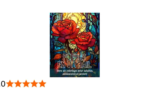 Magnifique couverture de livre de coloriage "Fleurs en vitrail" avec des roses rouges éclatantes sur un fond lumineux rappelant un vitrail.
