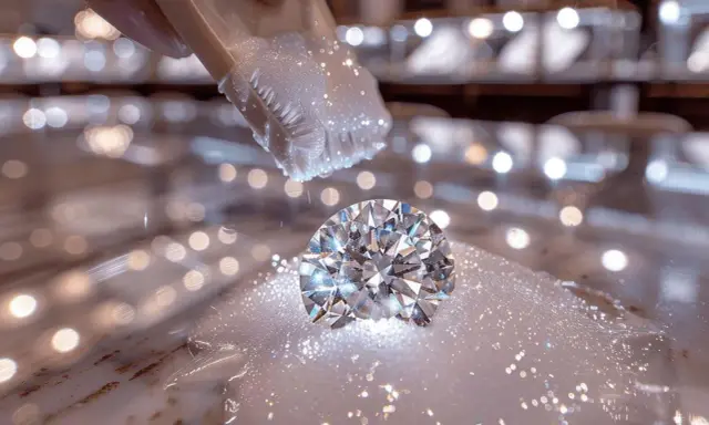 Un diamant étincelant est délicatement brossé dans des bulles savonneuses, révélant les secrets de comment nettoyer des diamants pour qu'ils brillent de mille feux.