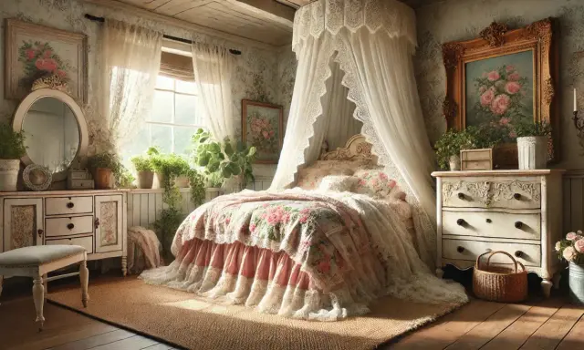 Chambre shabby chic contemporain avec un lit à baldaquin, des dentelles, des fleurs et beaucoup de lumière.