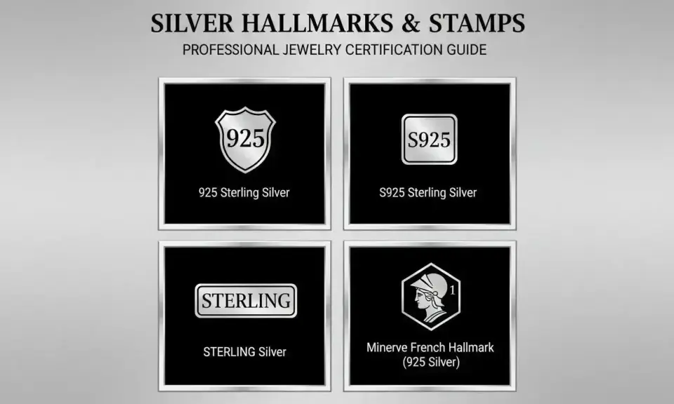 Guide des poinçons pour l'argent : 925, S925, STERLING et Minerve. Ces marques garantissent la qualité de l'argent.