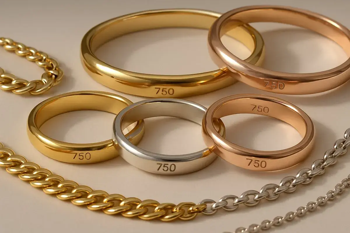 Comment reconnaître l'or 18 carats : des bagues et chaînes en or jaune, rose et argenté portent la marque "750", indiquant 75% d'or pur.