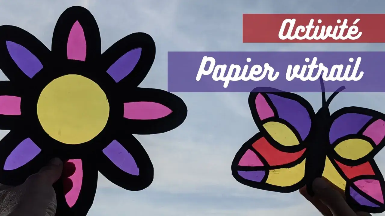 Fleur et papillon colorés en papier vitrail, une activité facile pour décorer.