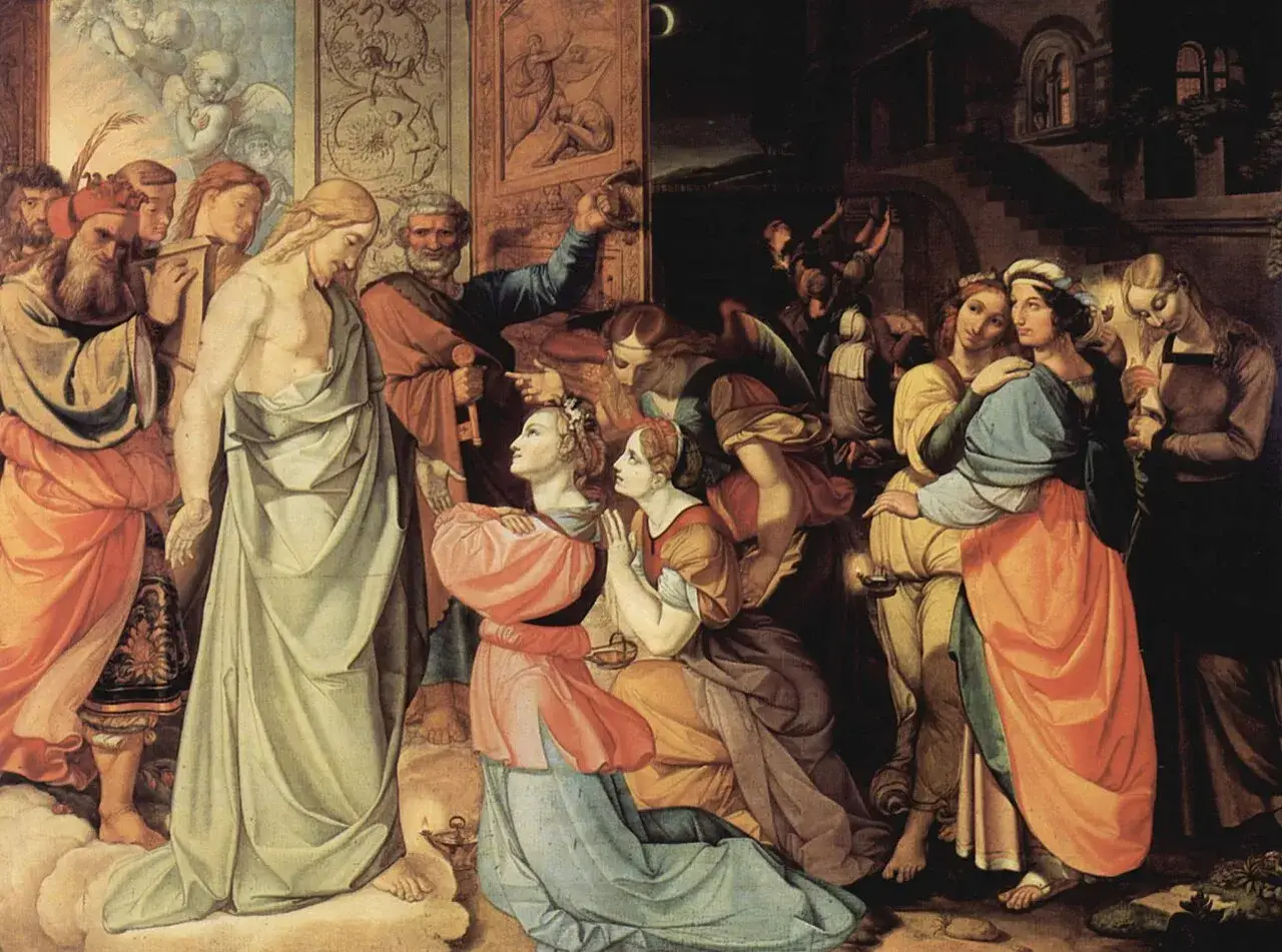 Un peintre religieux contemporain dépeint le Christ sortant d'un tombeau, accueilli par des anges et des disciples, tandis que des femmes aux lampes attendent dans la nuit.