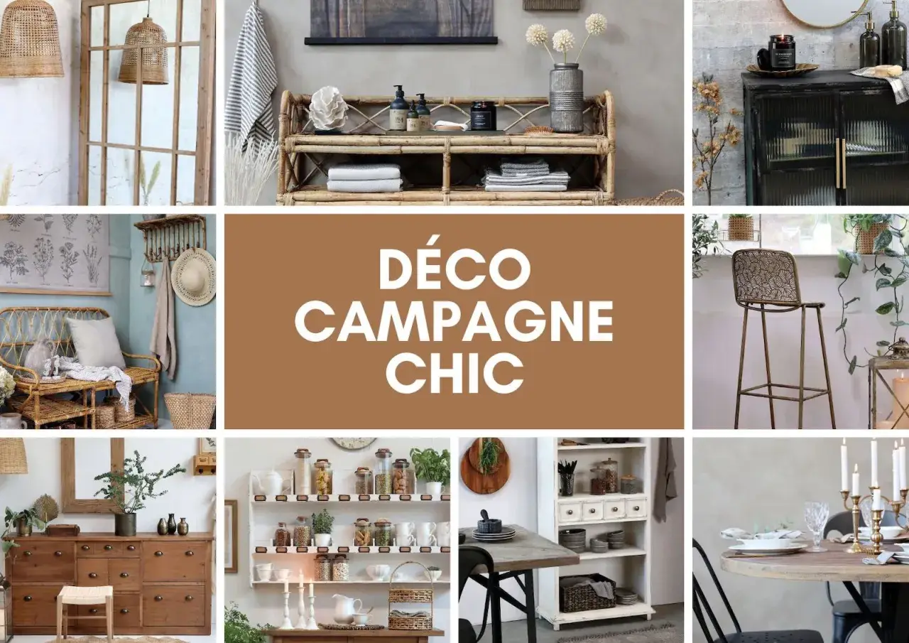 Ambiance chaleureuse avec des meubles en rotin, bois et des touches végétales. Une invitation à la déco rétro campagne.