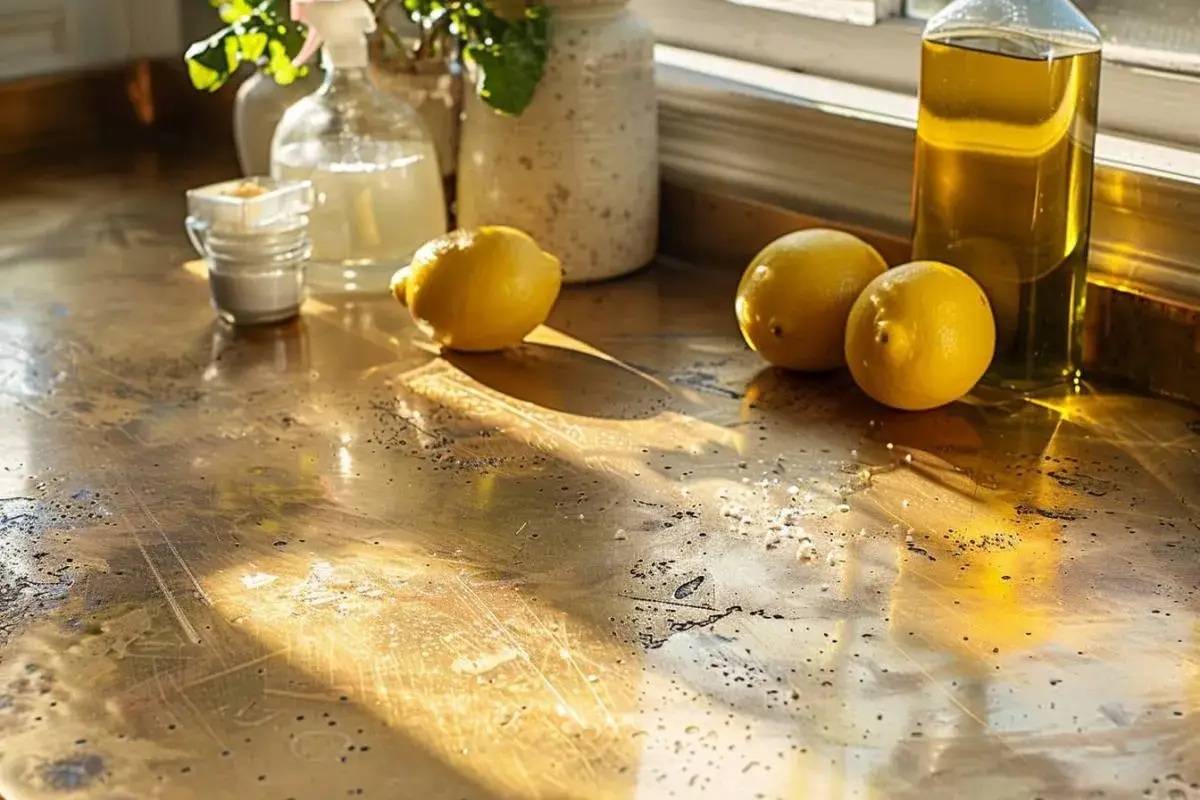 Citrons, sel et huile d'olive sur un plan de travail en laiton. Une recette de grand-mère pour nettoyer le laiton.