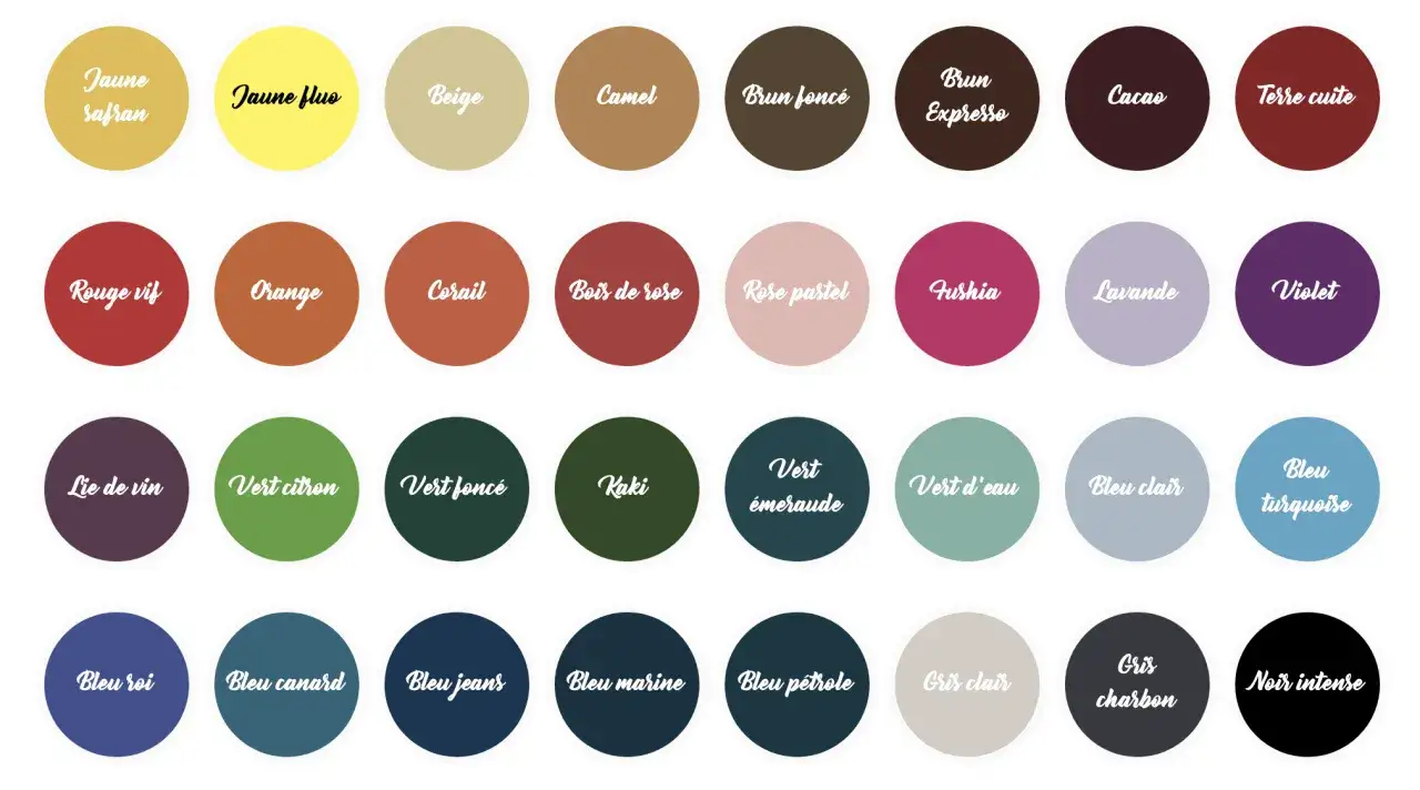 Palette de couleurs pour un teinturier : du jaune safran au noir intense, en passant par le vert &eacute;meraude et le bleu canard.