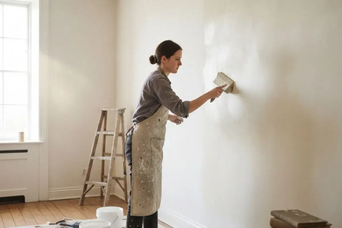 Une femme applique une couche de finition sur un mur. La question 