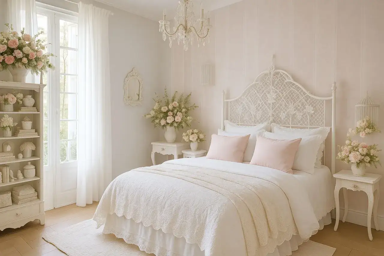 Chambre shabby chic contemporain. Lit blanc orné de dentelle, coussins roses, fleurs fraîches et mobilier délicat.
