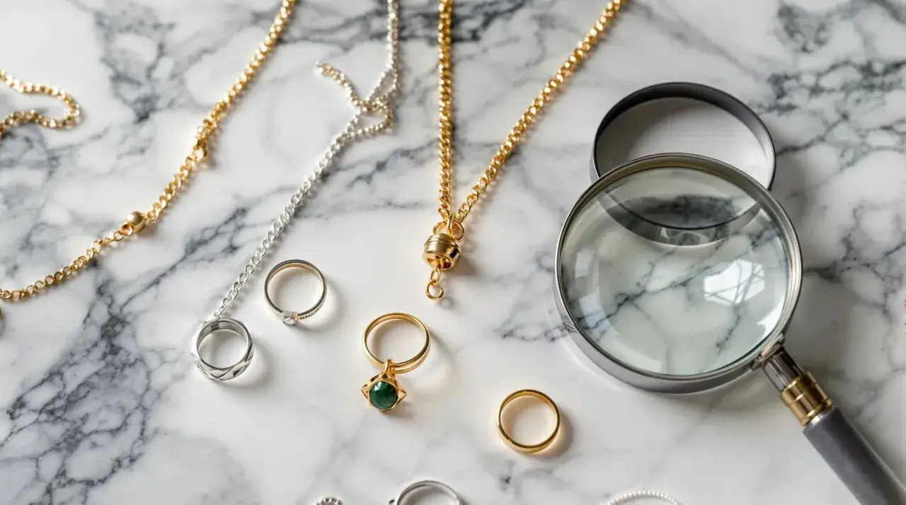 Bijoux en or et argent, bagues et colliers, examinés à la loupe pour savoir le carat de l'or.