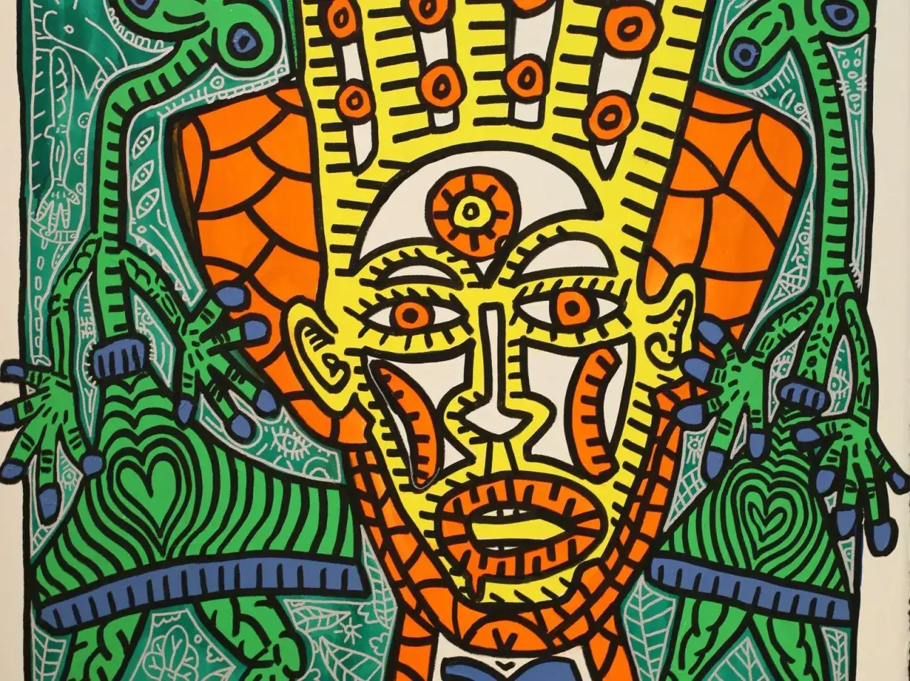 Portrait stylisé d'un personnage jaune et orange, entouré de créatures vertes. Une œuvre vibrante qui rappelle la cote des peintres français contemporains.