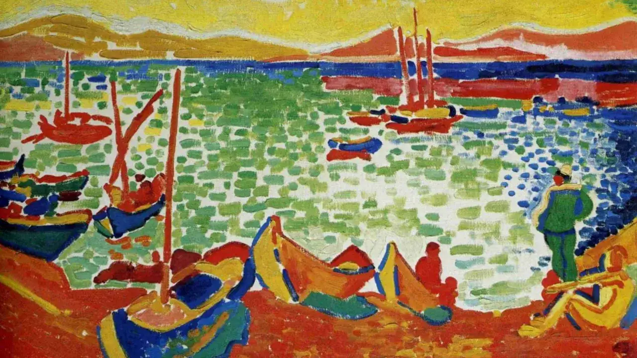 Un port color&eacute;, vu par un peintre fran&ccedil;ais moderne. Des bateaux aux voiles rouges flottent sur une mer verte et bleue, sous un ciel jaune.