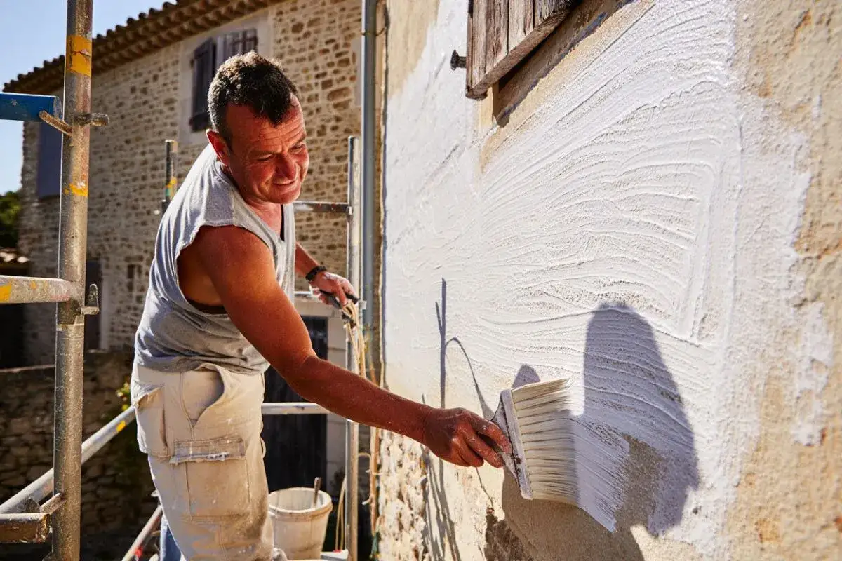 Un homme applique un badigeon blanc sur un mur en pierre avec un large pinceau. Le soleil &eacute;claire la sc&egrave;ne, cr&eacute;ant des ombres.