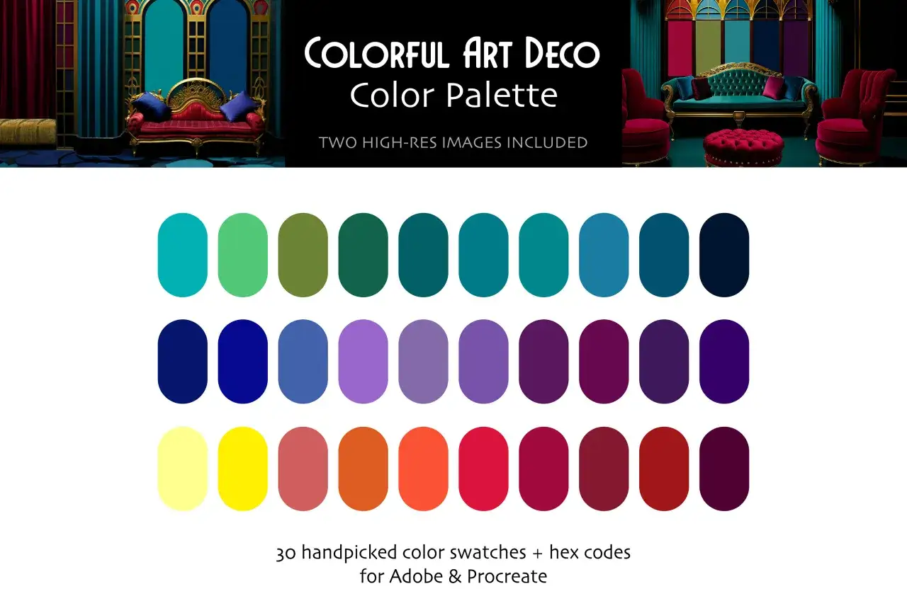 Palette de couleurs inspir&eacute;e par le couleur art deco, avec des tons riches et vibrants, des &eacute;chantillons pour Adobe & Procreate.