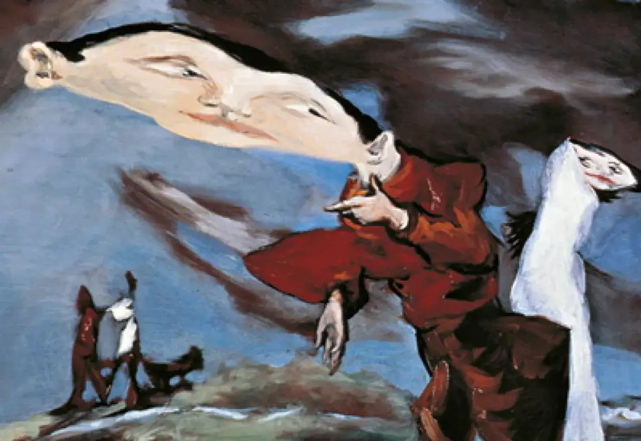 Un peintre contemporain fran&ccedil;ais, dans un style surr&eacute;aliste, d&eacute;peint des figures aux visages d&eacute;form&eacute;s dans un paysage onirique.