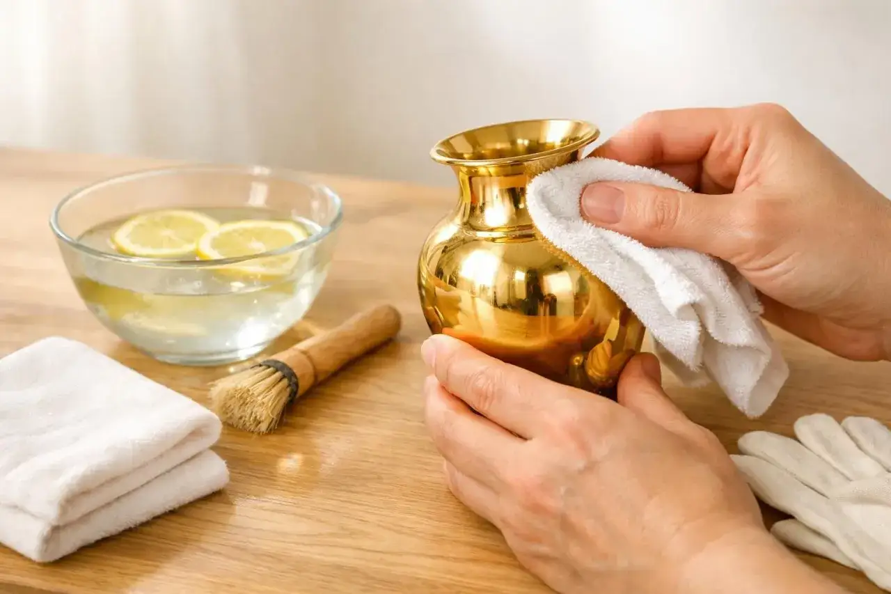 Apprendre comment nettoyer du laiton doré : une main frotte un vase doré avec un chiffon blanc, à côté d'un bol d'eau citronnée et d'une brosse.