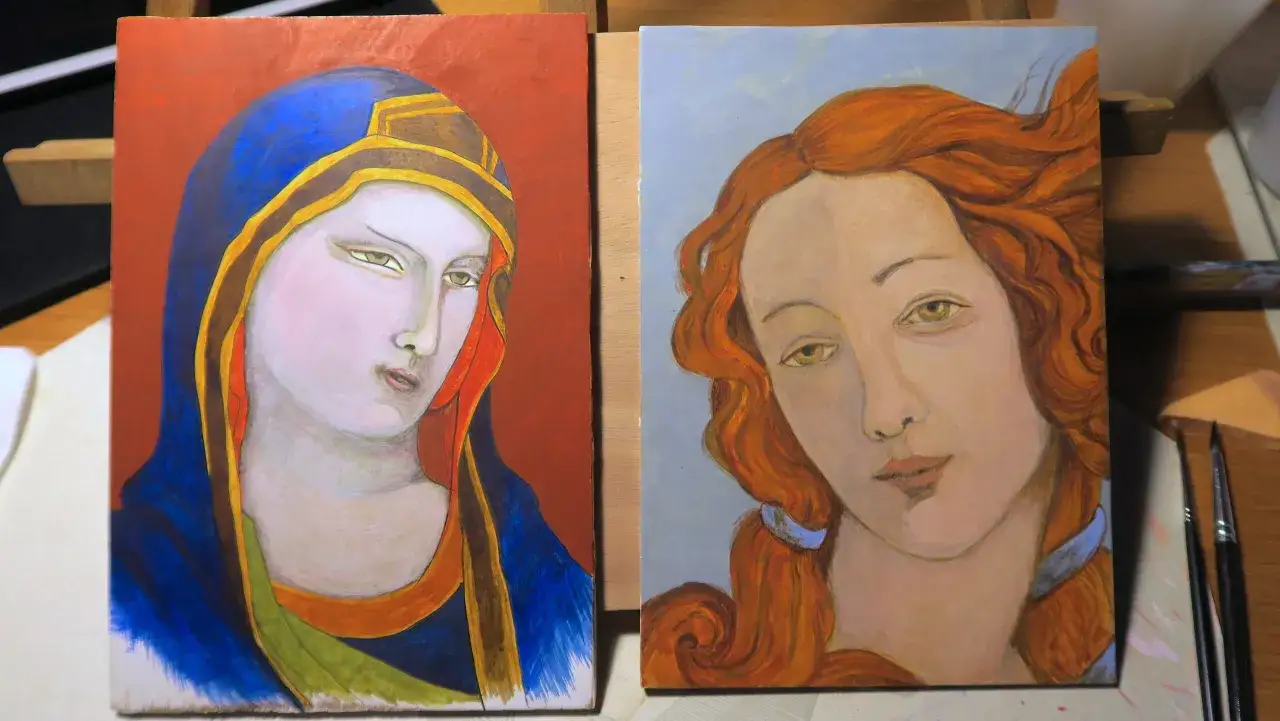 Deux portraits stylis&eacute;s, une Vierge au voile bleu et une femme aux cheveux roux, r&eacute;alis&eacute;s en tempera peinture &agrave; l'oeuf.