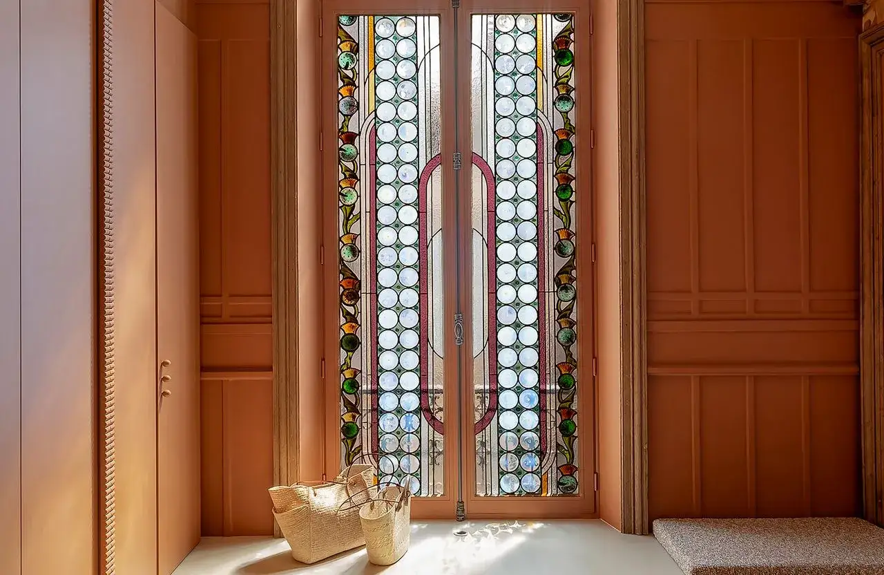 Un magnifique vitrail int&eacute;rieur maison, orn&eacute; de motifs floraux et de cercles, illumine une pi&egrave;ce aux murs orang&eacute;s. Deux paniers en osier attendent pr&egrave;s de la porte.