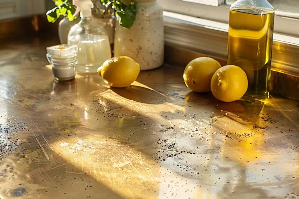 Citrons, sel et huile d'olive sur un plan de travail en laiton. Une recette de grand-mère pour comment nettoyer le laiton.