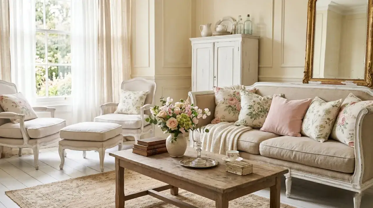 Un salon cosy et lumineux, ambiance int&eacute;rieur shabby chic avec canap&eacute;, fauteuils, table basse en bois et coussins fleuris.
