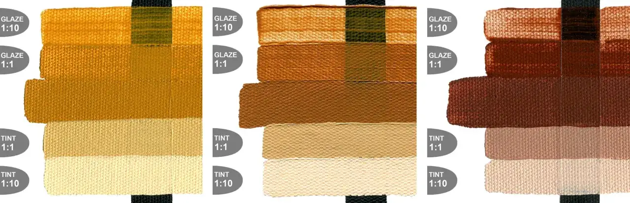 &Eacute;chantillons de peinture montrant des d&eacute;grad&eacute;s de couleur jaune brun, du plus fonc&eacute; au plus clair, avec des m&eacute;langes de gla&ccedil;age et de teinte.