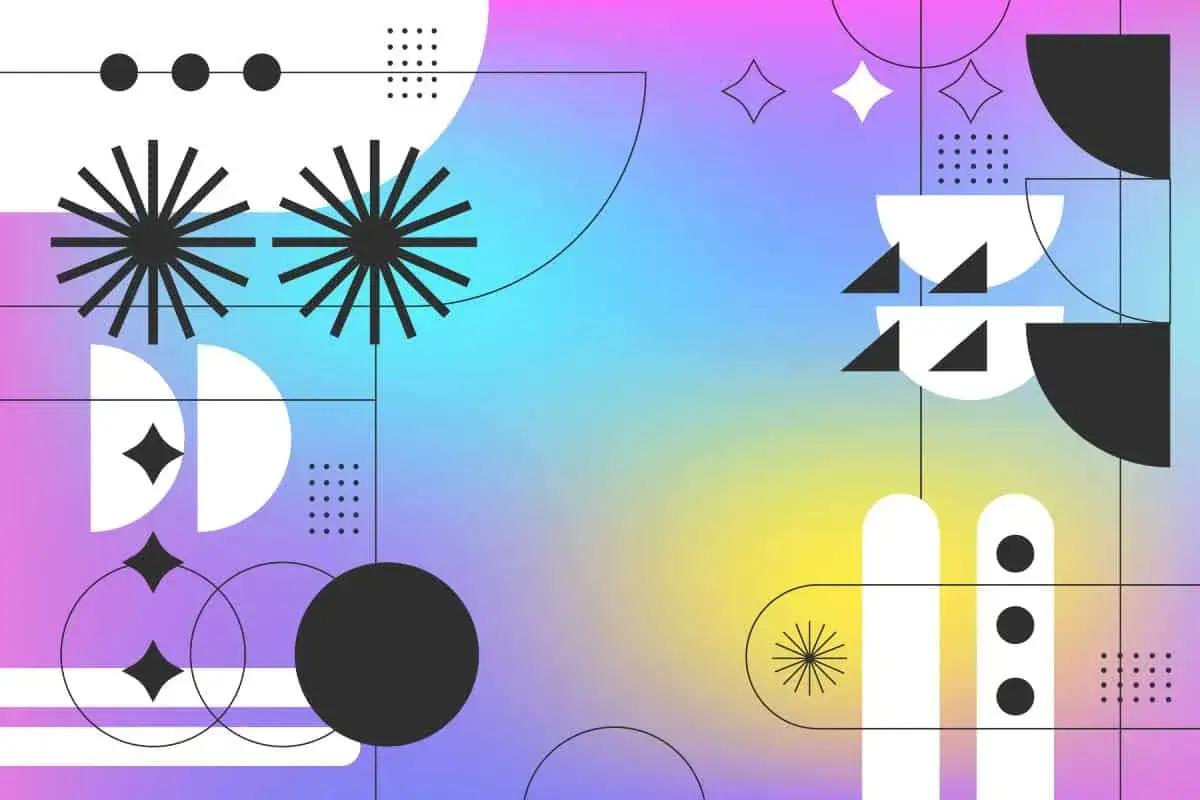 Un cahier de tendance aux formes géométriques et couleurs vives, évoquant un style rétro-futuriste.