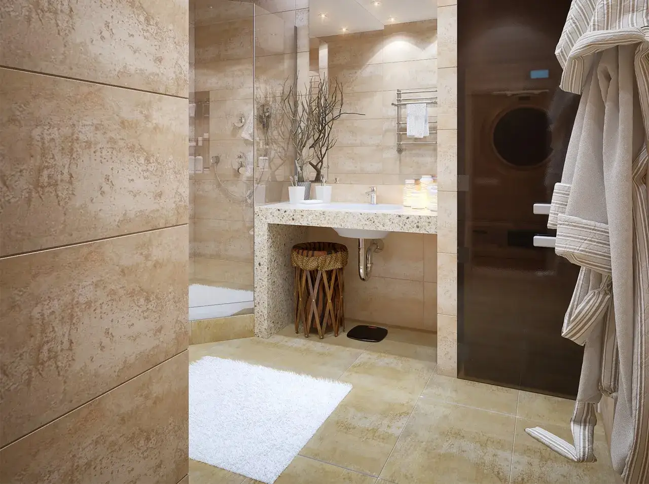 Salle de bain moderne avec murs et sol en javel sur travertin. Douche vitr&eacute;e, lavabo, panier en osier et peignoir suspendu.