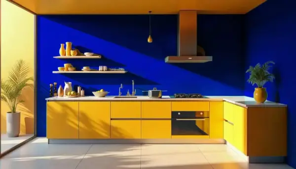 Cuisine aux murs bleu majorelle éclatant et meubles jaunes vifs. Des étagères chargées de vaisselle, une plante verte et un plan de travail moderne.