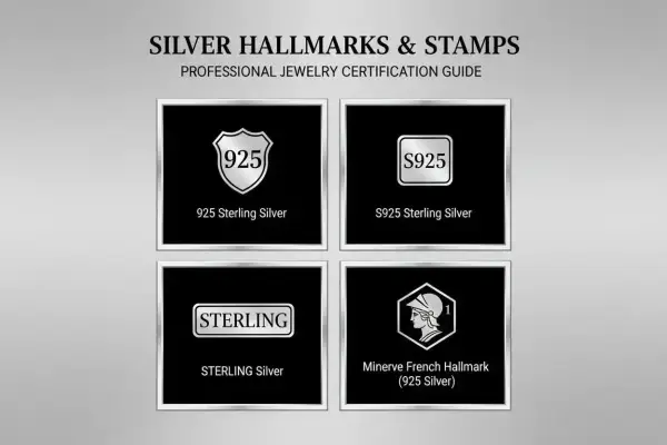 Guide des poinçons pour l'argent : 925, S925, STERLING et Minerve. Ces marques garantissent la qualité de l'argent.