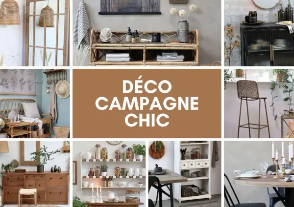 Ambiance chaleureuse avec des meubles en rotin, bois et des touches végétales. Une invitation à la déco rétro campagne.