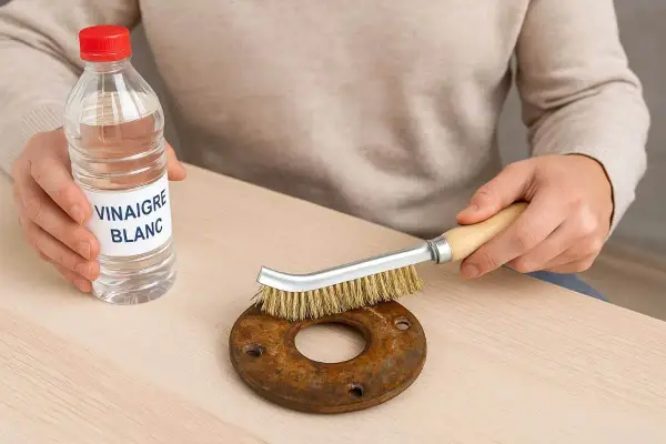 Une personne utilise du vinaigre blanc et une brosse métallique pour nettoyer du métal rouillé.