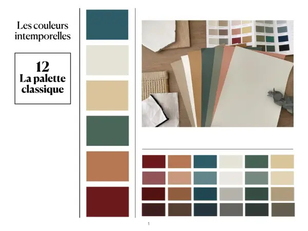 Palette de couleurs intemporelles, évoquant le savoir-faire d'un teinturier. Des échantillons de tissus et de papiers aux teintes naturelles et profondes.