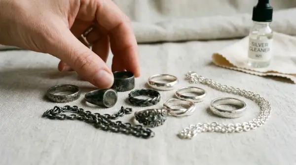 Maintenant, je sais avec quoi nettoyer de l'argent : une main choisit une bague parmi plusieurs, à côté d'une bouteille de nettoyant pour argent.