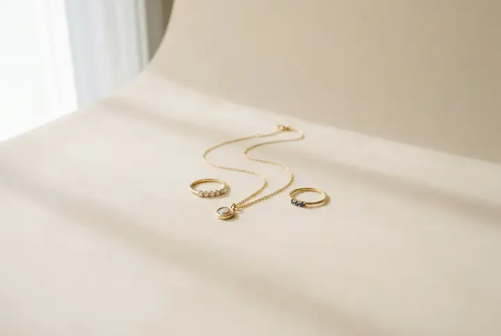 Trois bijoux en or : un collier avec pendentif opale et deux bagues, l'une ornée de diamants, l'autre de saphirs. Comment savoir si un bijou est en or ?