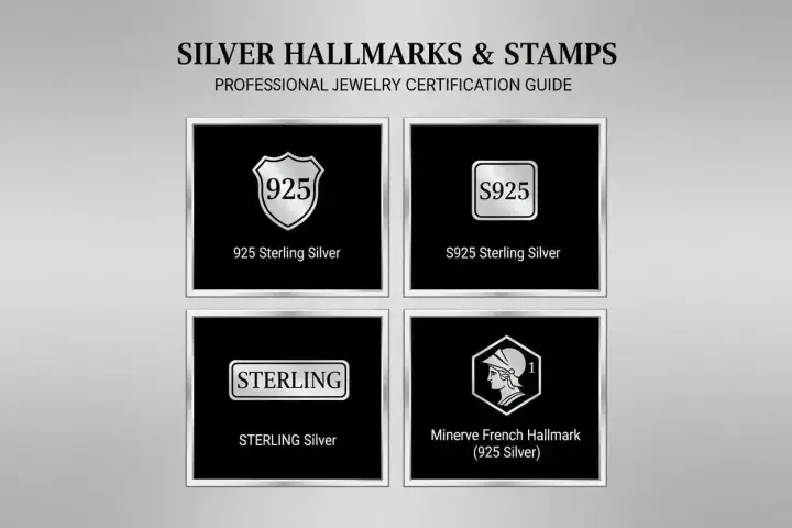 Guide des poinçons pour l'argent : 925, S925, STERLING et Minerve. Ces marques garantissent la qualité de l'argent.