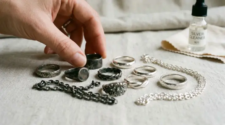 Maintenant, je sais avec quoi nettoyer de l'argent : une main choisit une bague parmi plusieurs, à côté d'une bouteille de nettoyant pour argent.