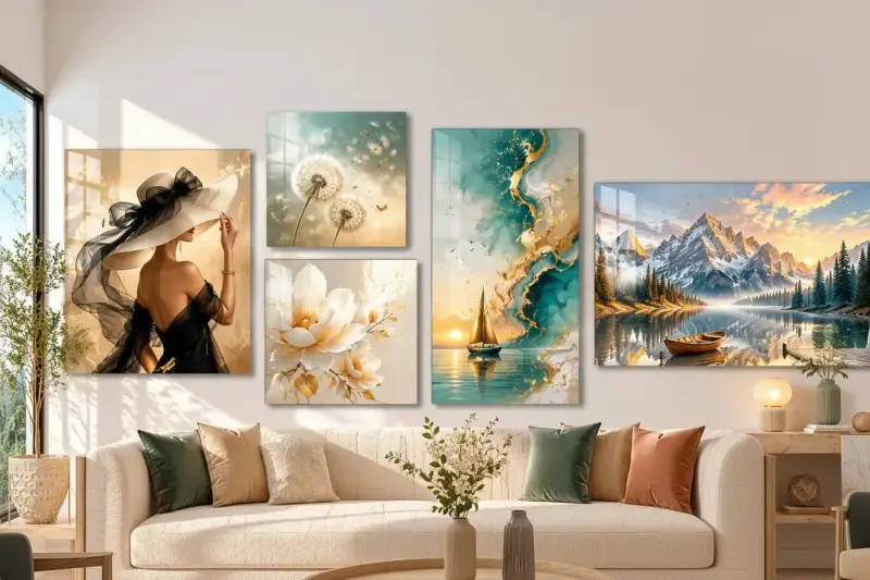 Cinq tableaux sur **mobile en verre** décorent un mur : une femme au chapeau, des pissenlits, une fleur, un voilier et un paysage de montagne.